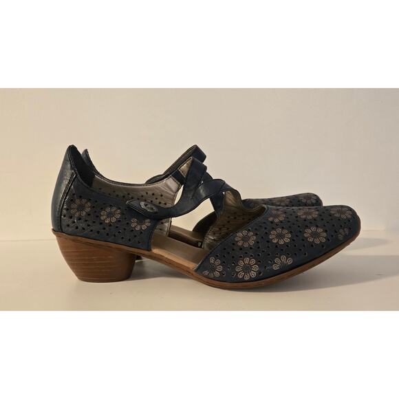 Reiker Navy Blue Strappy Heels Floral Cutouts 41 - Picture 7 of 9